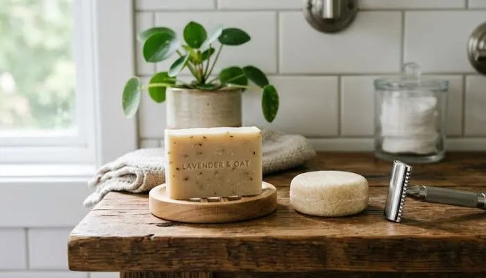 A natural bathroom setup featuring a bar of soap on a wooden dish, a shampoo bar, and a reusable metal safety razor.