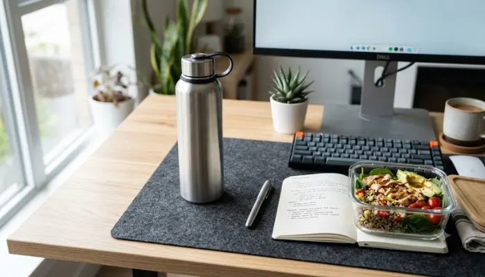 A neat office desk setup featuring a stainless steel reusable water bottle, a metal pen, and a packed lunch in a glass container.