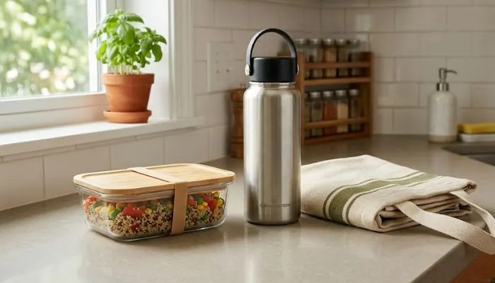A organized kitchen counter showing a glass food container, a steel water bottle, and a reusable cloth grocery bag.