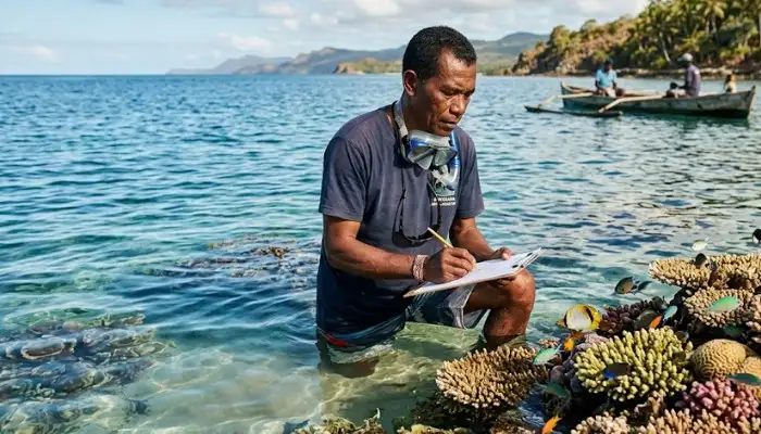 Local community member monitoring a marine protected area in Madagascar to ensure coral reef health.