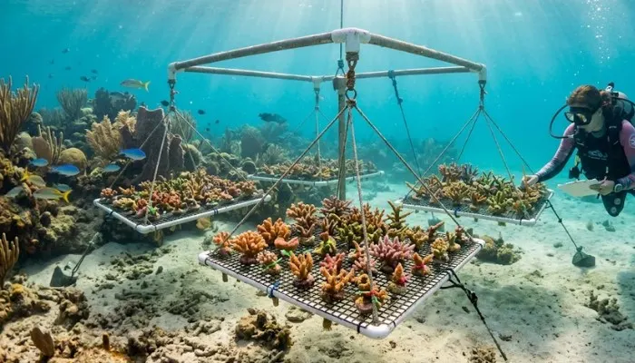 Underwater nursery structures supporting coral growth in the Caribbean, part of a reef restoration project.