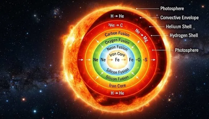 A high-contrast image showing the internal layers of a star during nuclear fusion.