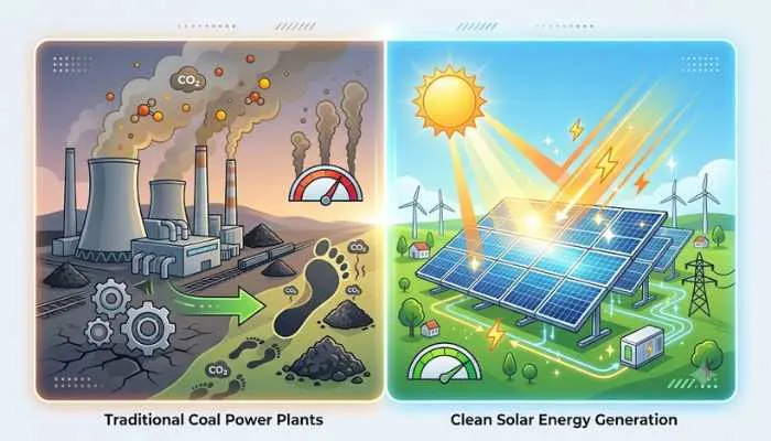 Infographic comparing carbon emissions of traditional coal power plants versus clean solar energy generation.