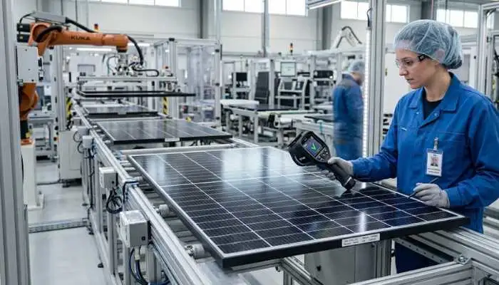 Technician inspecting high-tech photovoltaic solar panels during manufacturing and quality control.