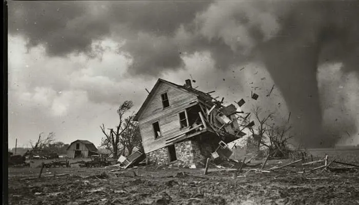 Vintage photograph capturing the destructive path of a massive tornado blowing a wooden house off its foundation during the 1925 Tri-State Tornado outbreak.
