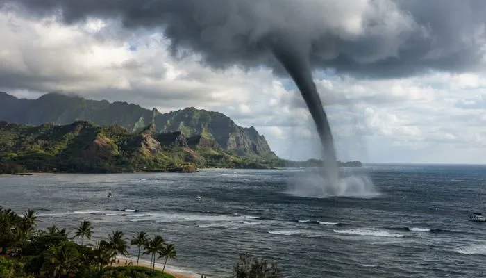 A rare tropical waterspout swirling off the coast of Oahu, Hawaii.