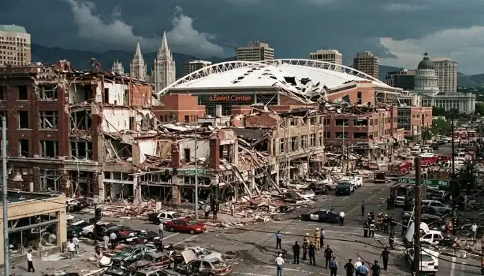 Archival radar or damage imagery depicting the aftermath of the 1999 Salt Lake City tornado.