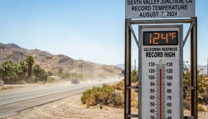 Thermometer showing record-breaking high temperatures during an extreme heatwave in California.