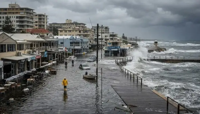 Coastal flooding and rising sea levels threatening waterfront infrastructure and communities.