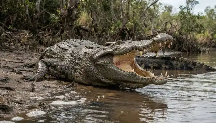 A large saltwater crocodile showing its powerful jaws near the water's edge.