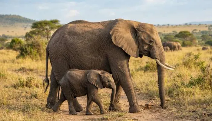 A newborn elephant calf walking next to its mother in a natural habitat.